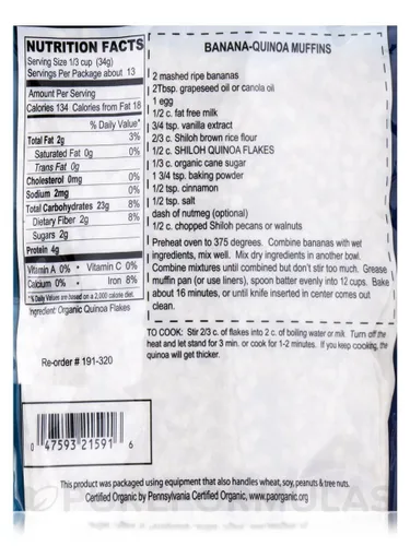 Vista 3 de Shiloh Farms Copos de quinua orgánica, 16 oz (454 g) Básico orgánico de despensa para hornear, cocinar o recetas diarias. Ingredientes de calidad