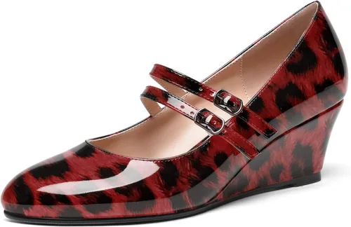 Vista 32 de SHOWFOREST Zapatos de tacón bajo con hebilla de punta redonda para mujer, con correa ajustable y correa ajustable, 2 pulgadas Beige