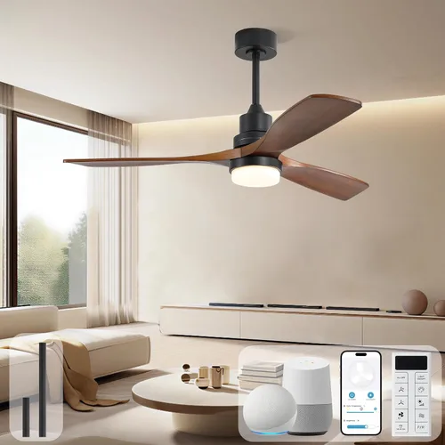 Vista 14 de Sofucor Ventilador de techo con luces y control remoto, ventilador de techo de madera LED moderno de 52 pulgadas con varillas descendentes