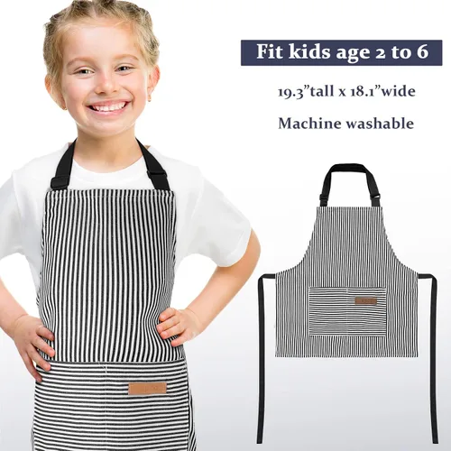 Vista 2 de Jiuguva 2 piezas de delantal para niños ajustable de algodón para niños pequeños con rayas de chef con 2 bolsillos para hornear para niños