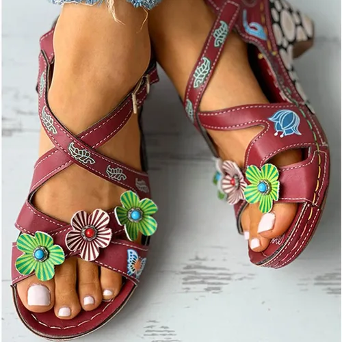 Vista 4 de ZiSUGP Sandalias de tacón bajo con correa al tobillo para mujer, estilo retro, con diseño de flores, de tacón bajo, para verano, bohemias, Rojo, 8
