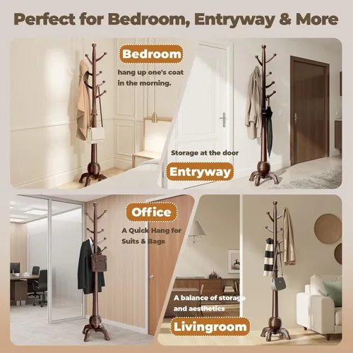 Vista 6 de Perchero de madera independiente, árbol de madera maciza con 8 ganchos, árbol de abrigo independiente resistente con base estable, entrada, pasillo