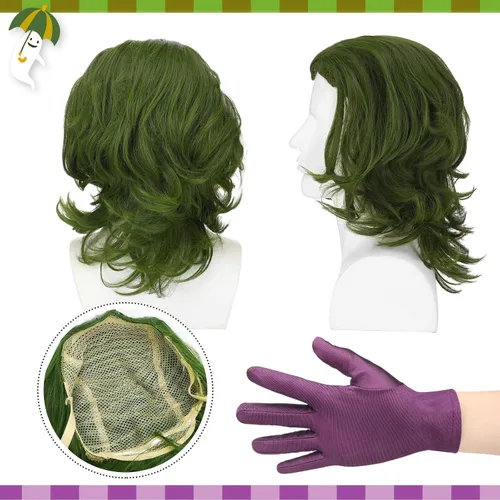 Vista 3 de Leumoi Peluca verde de Halloween para hombre, peluca corta ondulada verde y kit de maquillaje y guantes morados para adultos, hombres y niños