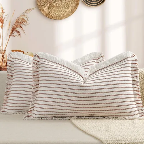 Vista 29 de Fundas de almohada ZWJD de 16 x 16 pulgadas, juego de 2 fundas de almohada a rayas con borlas, fundas de almohada de algodón chic, fundas de cojín