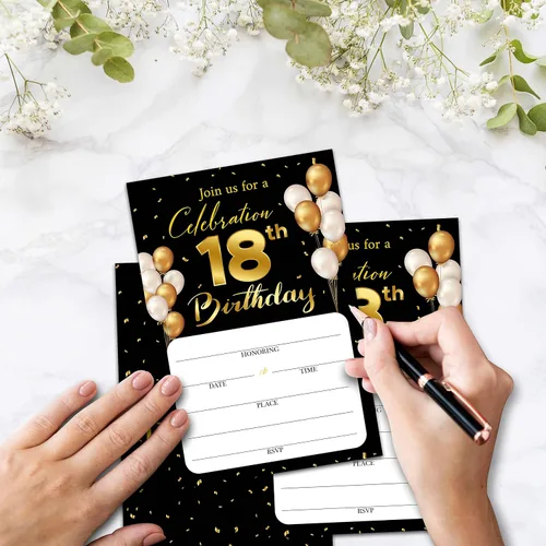 Vista 4 de Tarjetas de invitación de cumpleaños número 18 con sobres, tarjetas de invitación de fiesta de cumpleaños en blanco, para hombres, mujeres, jóvenes