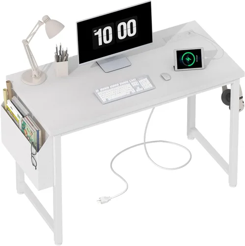 Vista 12 de Lufeiya Escritorio para computadora de 39 pulgadas con toma de corriente, mesa de estudio para adolescentes de 40 pulgadas, escritorio de trabajo
