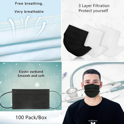 Vista 3 de Mascarillas envueltas individualmente, paquete de 100 unidades, desechables, protección facial para adultos, filtro de 3 capas de seguridad
