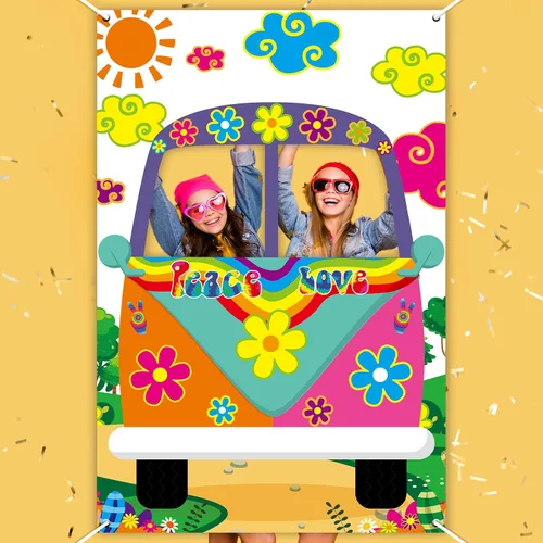Vista 6 de Decoración de fiesta de autobús hippie de los años 60, decoración de fiesta de los años 60, tela grande, retro, Groovy Van Prop Hippie Selfie, telón