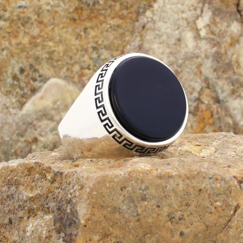 Vista 2 de Anillo de plata de ley 925 maciza con piedra de ónix plano redondo para hombre