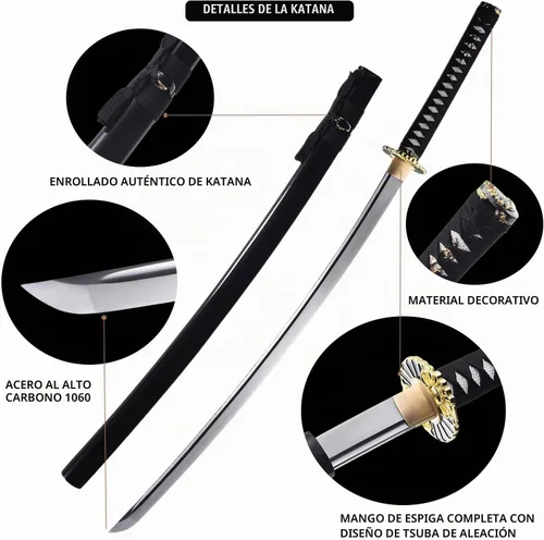 Vista 2 de Katana afilada hecha a mano, arcilla tradicional de acero templado 1060/9260/T10, espada Katana real de espiga completa, auténtica espada samurái
