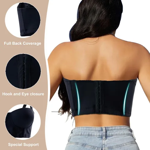 Vista 2 de Runilut Women Longline Strapless Bra,Push Up Bra,Full Coverage Underwire Bra,Hide Back Fat Deep Cup Bra,Smoothing Bra