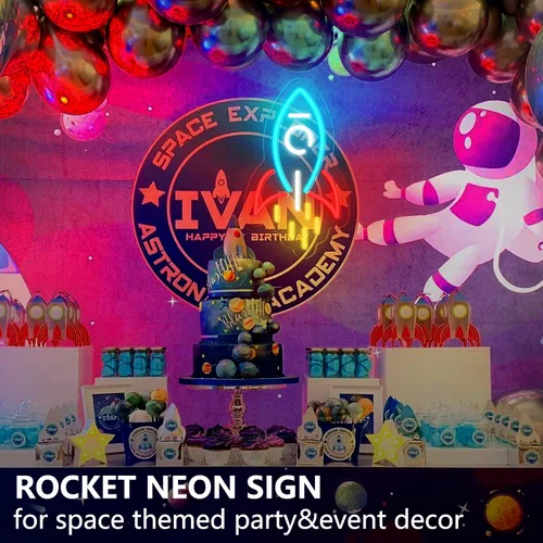 Vista 4 de Letrero de neón de cohete, luz LED de cohete para regalo de niño, letrero de luz regulable con alimentación USB para habitación de niños, sala