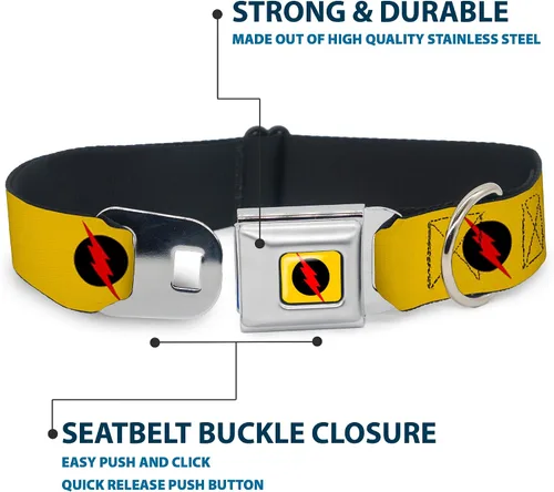 Vista 4 de Buckle-Down Collar de perro con hebilla de cinturón de seguridad, logotipo de flash reverso, amarillo dorado, negro/rojo, 1 pulgada de ancho, se