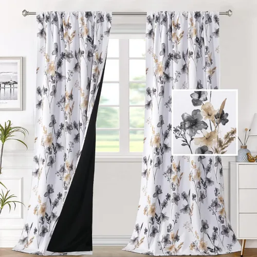 Vista 24 de H.VERSAILTEX cenefas de cortina 100% opacas para ventanas de cocina, juego de 2 paneles, estampado floral Cattleya Leah, cenefas térmicas aisladas