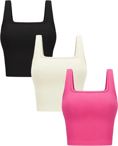 Vista 5 de OLCHEE - Camisetas cortas sin mangas para mujer, pack de 3, básicas, sin costuras, acanaladas, cuello cuadrado, para entrenamiento, verano Negro +