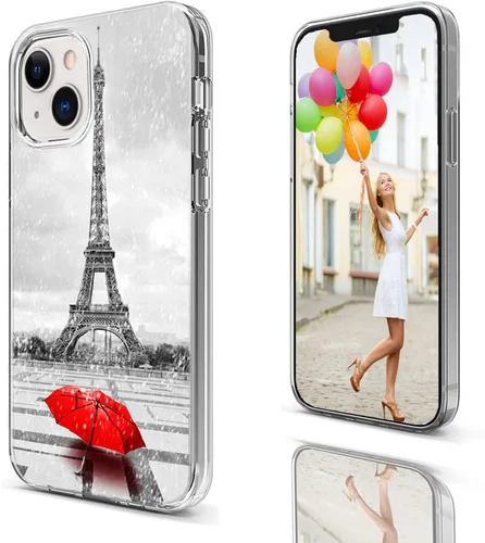 Vista 3 de Funda para iPhone 14/13, funda transparente de TPU suave de ajuste delgado con diseño de paraguas rojo de la torre Eiffel de París, a prueba de Una