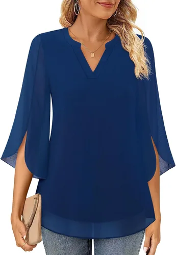 Vista 2 de Timeson Blusa de gasa de manga 34 para mujer, cuello en V, túnica elegante