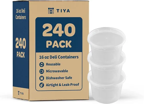Vista 2 de TIYA Contenedores de alimentos – Paquete de 240 unidades con tapas de 16 onzas, recipientes de plástico para almacenamiento de alimentos, vasos 16oz