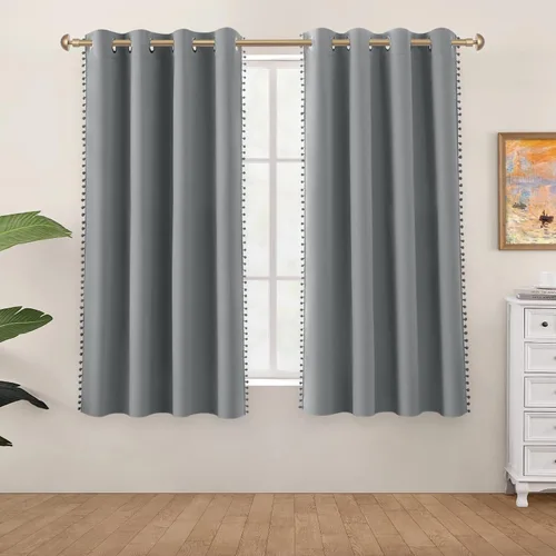Vista 2 de HOMEIDEAS Cortinas opacas con pompones grises de 52 x 63 pulgadas de largo, con ojales, para oscurecer la habitación, 2 paneles para dormitorio