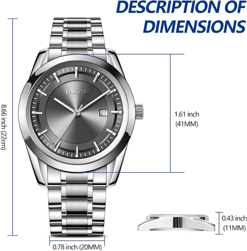 Vista 5 de Taxau Watch for Men, Waterproof Date Dress Large Face Classic Men's Wrist Watch, Minimalist Stainless Steel Analog Quartz Men's Silver Watch