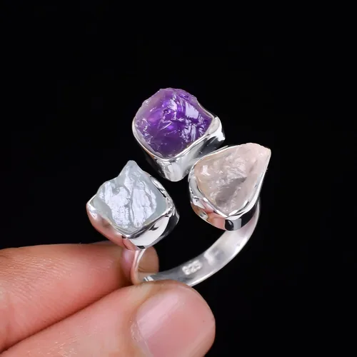 Vista 3 de Anillos de plata de ley 925 para mujer, aguamarina cruda natural, amatista, rosa, Qauartz, piedras preciosas ajustables, hechos a mano, Metal Gema