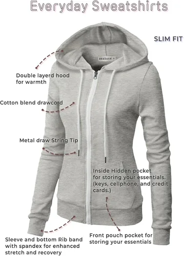 Vista 5 de Sudadera con capucha y cremallera para mujer, ligera, manga larga, bolsillo tipo canguro, ropa casual básica