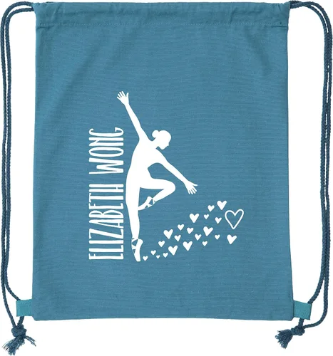 Vista 2 de Bolsas de baile personalizadas Mochila de ballet de lona de algodón con cordón Mochilas de baile para niñas, Corazones-verde azulado, Cordón