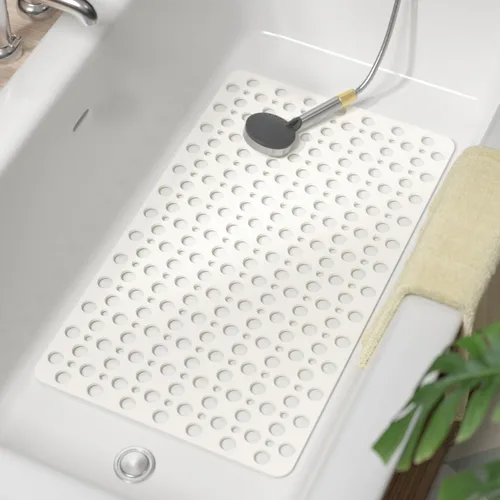 Vista 12 de HITSLAM Tapete antideslizante de elastómero termoplástico suave para bañera, drenaje eficiente con ventosas, fácil de limpiar, 28 x 15 pulgadas, Azul