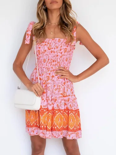 Vista 8 de ZESICA Vestido corto de playa con estampado floral bohemio de verano 2023 para mujer con tirantes delgados cuello cuadrado volantes acampanado