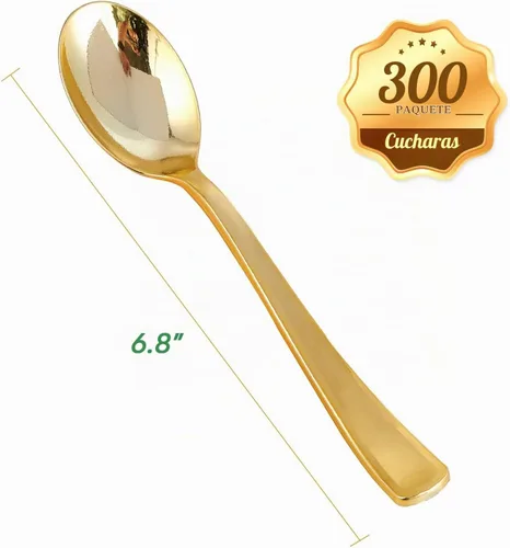 Vista 2 de FOCUSLINE Paquete de 300 cucharas desechables de plástico dorado de 6.8 Oro