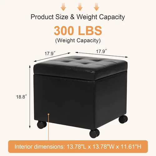 Vista 2 de Adeco Otomana moderna de cuero con ruedas, otomana cuadrada negra rodante de 18.8" con almacenamiento, taburete de tocador tapizado acolchado