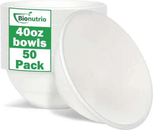 Vista 11 de Cuencos de papel grandes de 32 onzas, paquete de 50 unidades, resistentes, biodegradables y aptos para microondas, cuencos de bagazo ecológicos