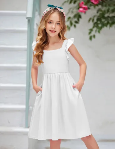 Vista 4 de Arshiner Vestidos de verano para niñas, cuello cuadrado, manga con volantes, lazo en la espalda, acampanado, casual, vestido midi con bolsillos