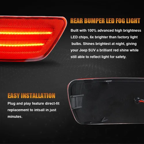 Vista 7 de Reflectores de parachoques trasero Lente roja clara LED para Jeep Grand Cherokee 2011-2021 Fit Jeep Compass 2011-2017, Jeep Patriot 2013-2017
