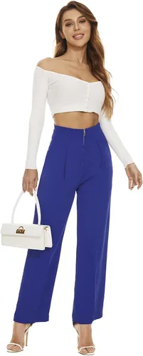 Vista 2 de FUNYYZO Women Pleated Zipper Front Pants Ruffle Edge Waisted Casual Long Straight Trousers for Summer