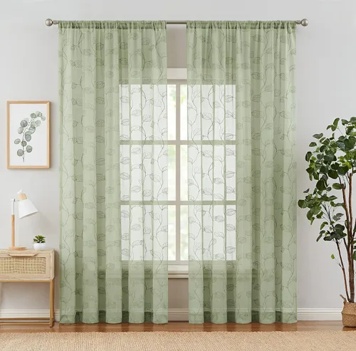 Vista 6 de Lazzzy Cortinas traslúcidas con hojas bordadas (2 piezas)