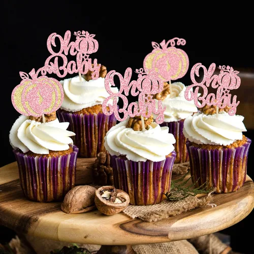 Vista 6 de Gyufise 24 adornos para cupcakes de calabaza rosa, decoración de pastel de baby shower, decoración para baby shower con temática de calabaza