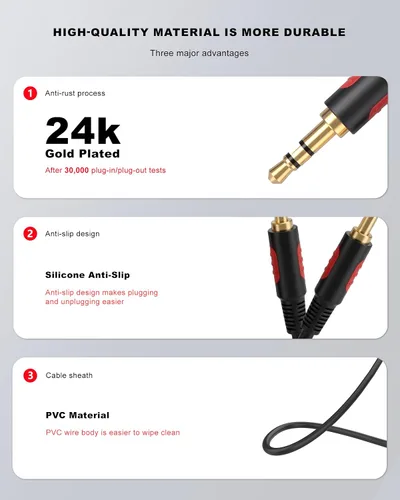 Vista 8 de Cable de audio auxiliar macho a macho de 3.5 mm, 3 pies, cable AUX para auriculares Beats, iPods, iPhones, iPads, equipos estéreo