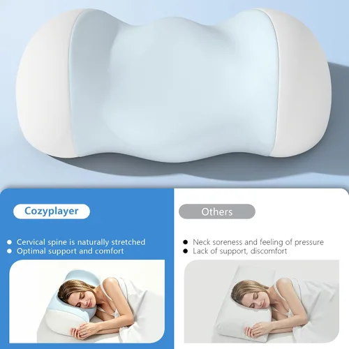 Vista 8 de Cervical Memory Foam Pillow, Ergonomic Contour Support for Neck Pain Relief Blue and White