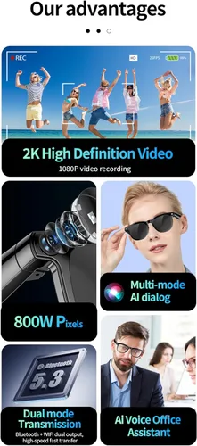 Vista 9 de Lentes inteligentes Bluetooth AI con cámara de 8 MP para hombres y mujeres, traducción en tiempo real, negro, asistente de voz AI integrado, control