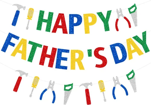 Vista 12 de Pancarta dorada con texto en inglés «Happy Father's Day» para el Día del Padre, decoración de fiesta del padre, guirnalda de fondo para el día