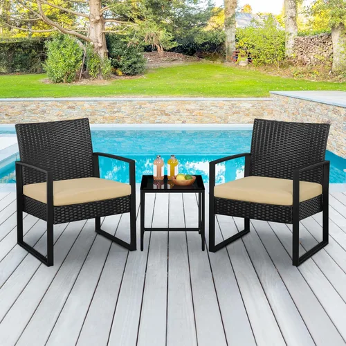 Vista 3 de YAHEETECH - muebles de patio conjuntos para interior o al aire libre. de mimbre moderno, juego de mesa auxiliar bistró, 3 piezas Negro/Caqui