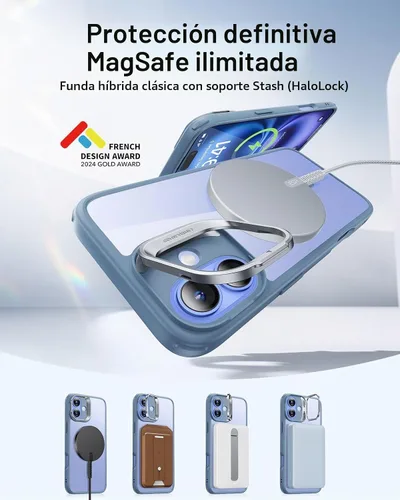 Vista 3 de ESR Funda para iPhone 16, Compatible con, Funda Protectora de Grado Militar, Funda para Teléfono con Soporte Stash Integrado, Cubierta Trasera Azul