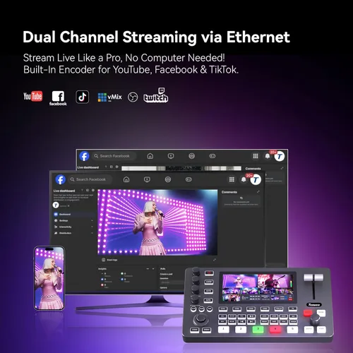 Vista 3 de Tenveo Conmutador Mezclador de Video HDMI 4K60FPS, 4*SDI & 4*HDMI Entrada, Conmutador de Transmisión en Vivo de 5 Canales, Pantalla FHD de 5.5
