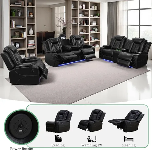 Vista 5 de Juego de sofás reclinables eléctricos, juegos de muebles de sala de estar, sofá reclinable eléctrico moderno negro, sofá biplaza y silla