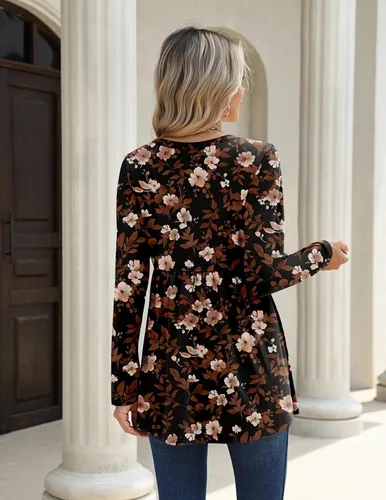 Vista 6 de Zeagoo Blusas de manga larga para mujer, estilo bohemio, cuello en V negro (Flower Black)
