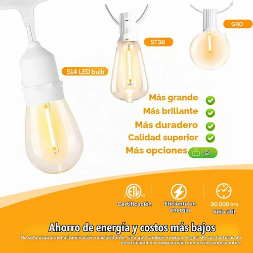 Vista 4 de SUFEIMAS - Cadena de luces para exteriores de 100 pies, IP65 a prueba de agua, bombillas LED de plástico 30+2, 2700K, luces blancas para patio Blanco