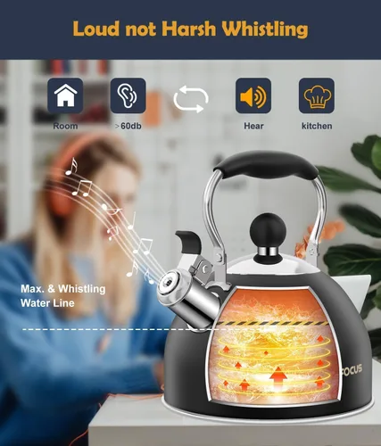 Vista 2 de Hervidor de té, hervidor de té silbante de acero inoxidable de 2 cuartos, tetera silbante para estufa con mango plegable ergonómico, tetera pequeña