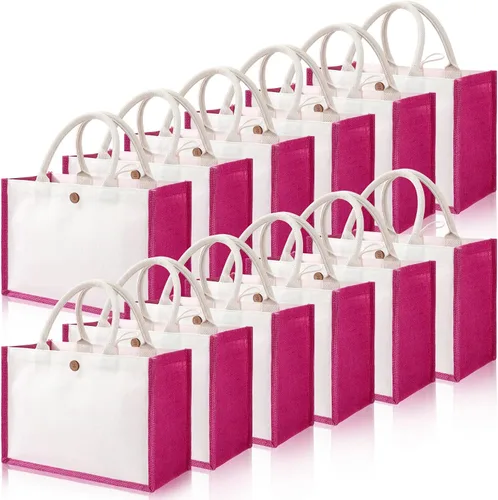 Vista 13 de 12 bolsas de yute de arpillera, bolsas de playa con asas, reutilizables, impermeables, bolsa de compras en blanco, bolsa de regalo de lona