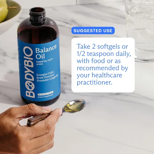 Vista 4 de BodyBio Aceite de equilibrio - Suplemento vegano Omega 3 6 - Aceite de cártamo y linaza prensado en frío - Apoya la función cerebral, la piel